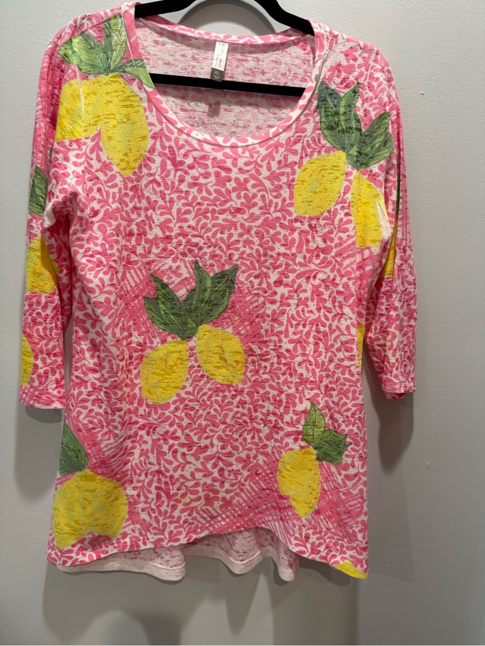 Whimsy Rose Pink Lemon Print Top XL Fun Bright Casual Cottagecore Vibes